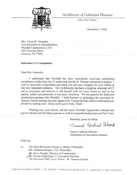 Archdiocese Letter to Westfall Constructors